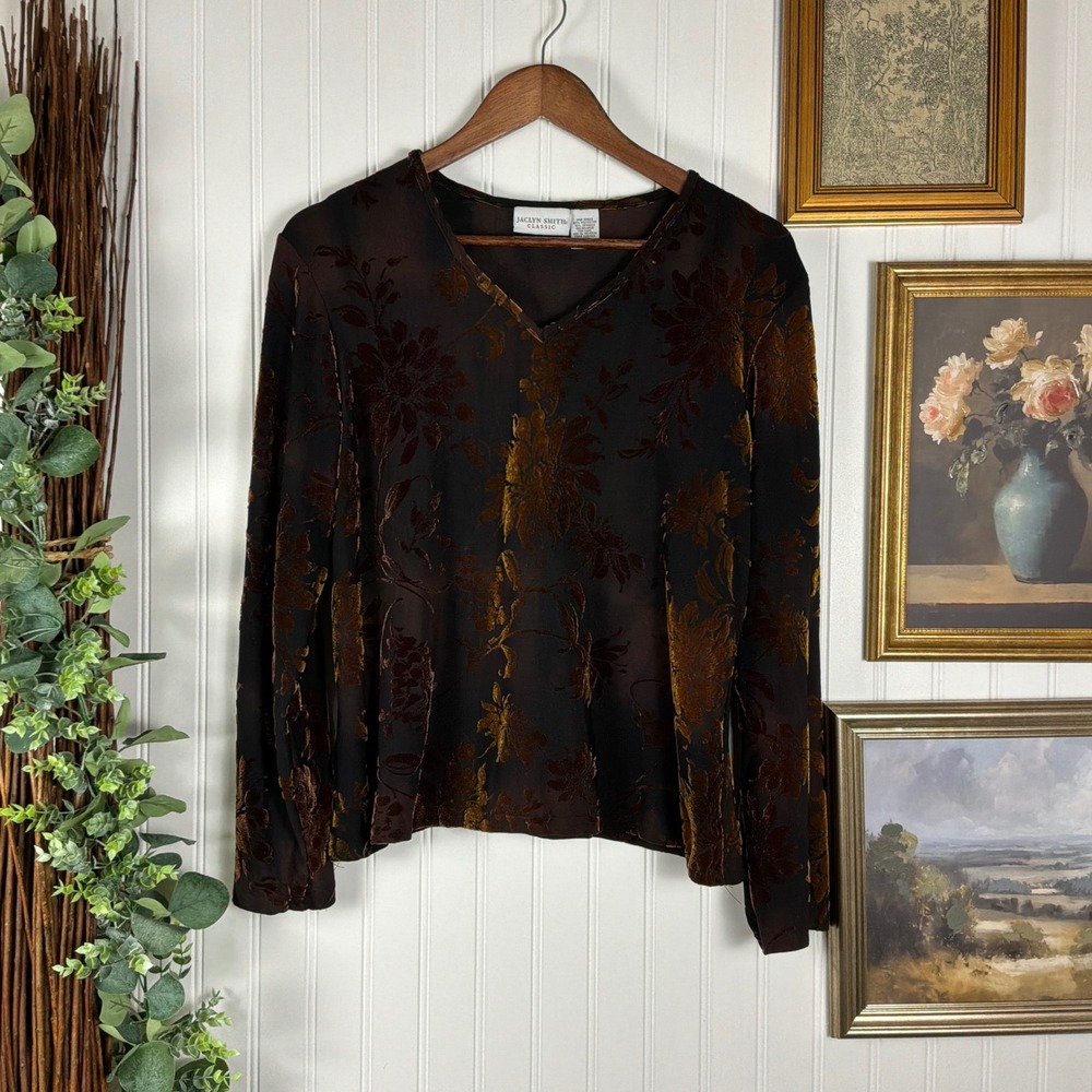 Jaclyn Smith Blouse Womens Large Brown Excellent 90s Vintage Burnout Velvet